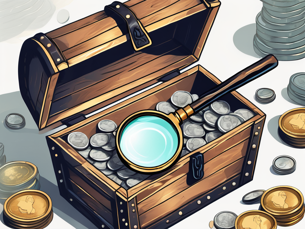 A magnifying glass hovering over a treasure chest full of coins and jewels