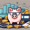 A piggy bank sitting on a pile of coins and bills