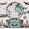 A globe with various travel-related symbols like an airplane