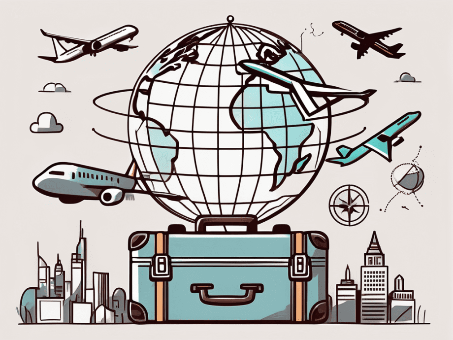 A globe with various travel-related symbols like an airplane