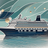 A luxury cruise ship sailing on the sea with a credit card icon floating above it