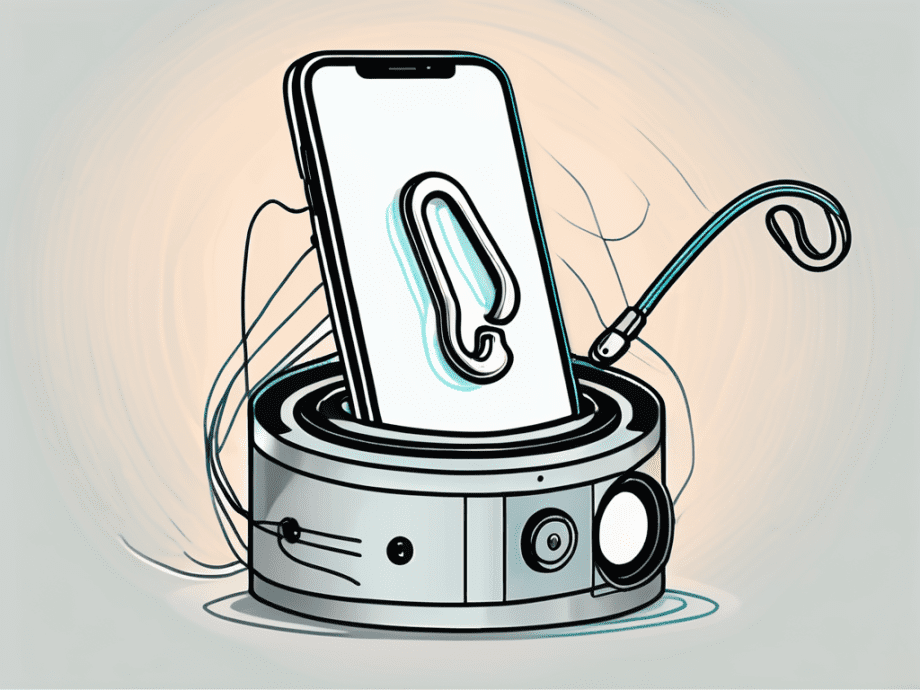 A smartphone with a fish hook coming out of its speaker