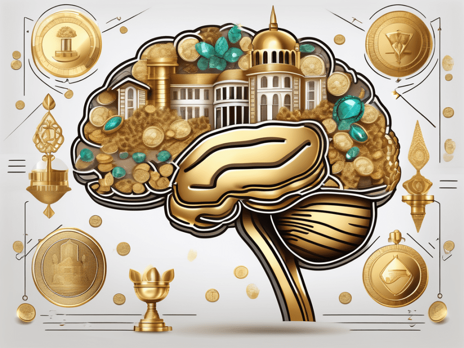 A brain made out of gold coins and jewels
