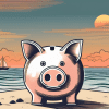 A piggy bank on a beach with a sunset in the background