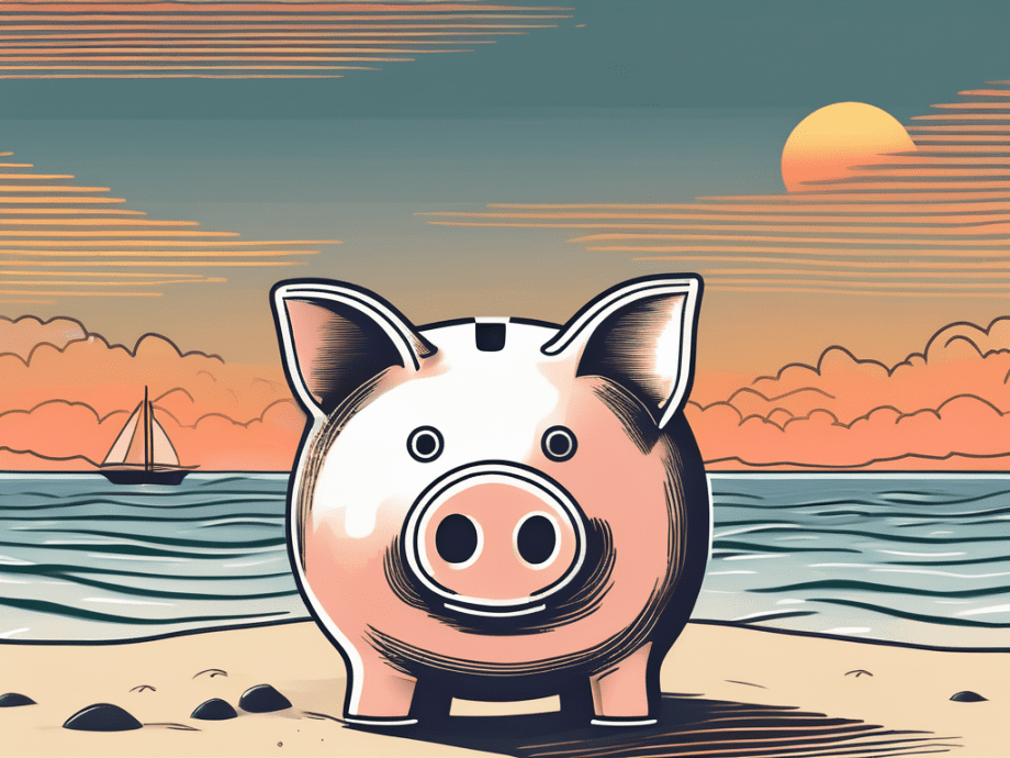 A piggy bank on a beach with a sunset in the background