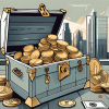 A treasure chest overflowing with coins and paper money