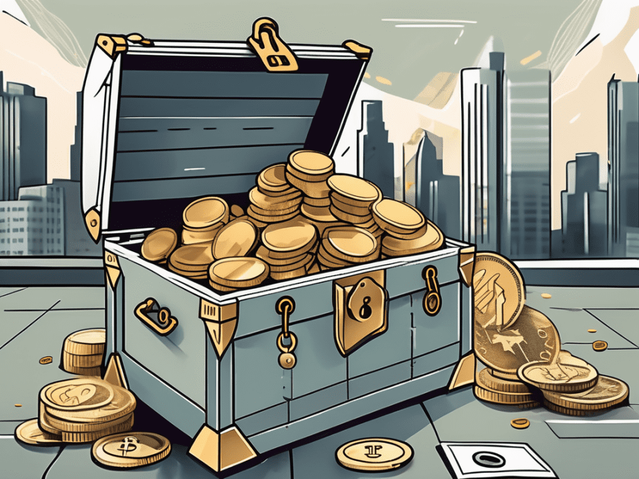 A treasure chest overflowing with coins and paper money