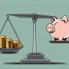 A traditional piggy bank sitting on one side of a balance scale