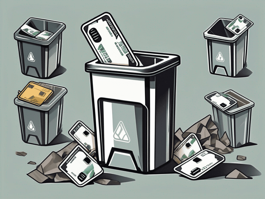 A metal credit card being cut into pieces and placed into a recycling bin