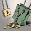 A large scale tipping between bags of money and a broken chain