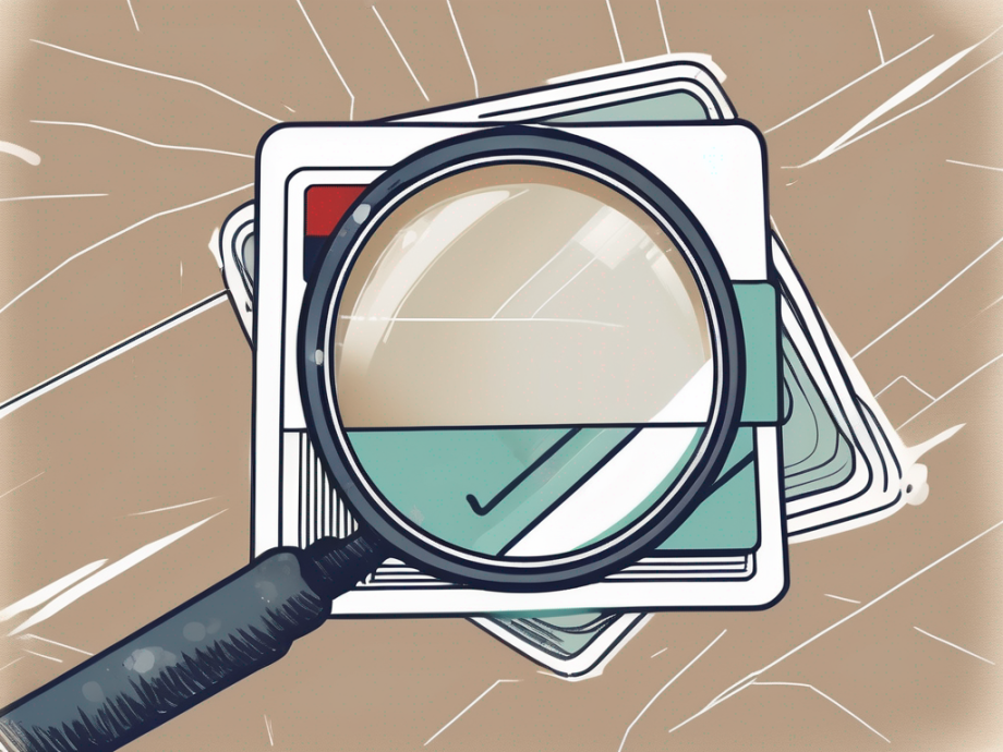 A magnifying glass hovering over a credit card to depict the concept of scrutiny and accuracy