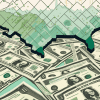 A map of california with symbolic dollar bills and checks raining down on it