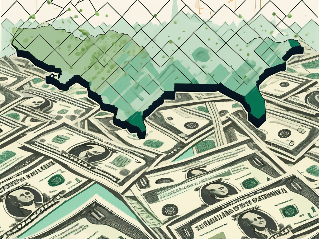 A map of california with symbolic dollar bills and checks raining down on it