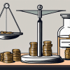 A scale balancing a medicine bottle and a stack of coins