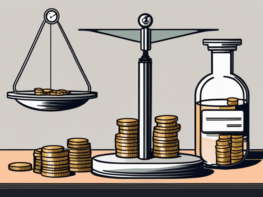 A scale balancing a medicine bottle and a stack of coins