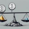 A precarious balance scale with three cryptocurrencies (bitcoin
