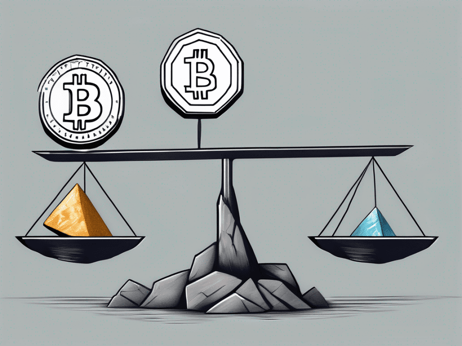 A precarious balance scale with three cryptocurrencies (bitcoin