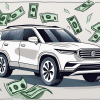 A sleek suv with dollar signs and tax forms floating around it