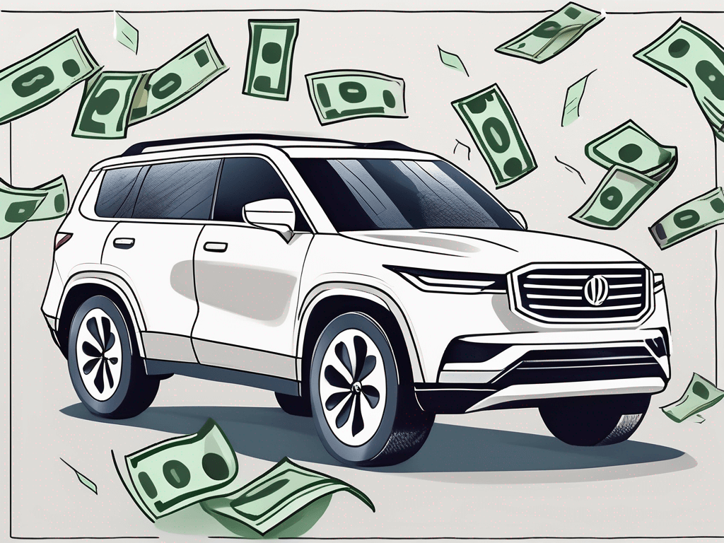 A sleek suv with dollar signs and tax forms floating around it