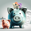 A piggy bank with a child's toy and a tax form