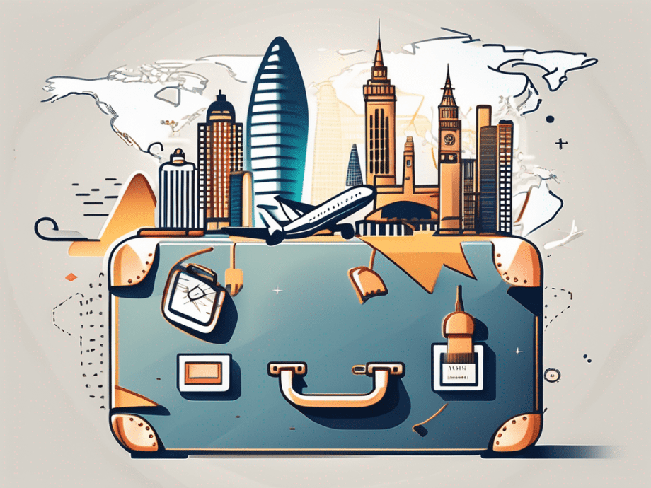 A suitcase surrounded by various travel elements like airplane
