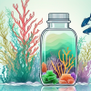 Colorful sea moss gummies in a transparent bottle with a backdrop of an underwater sea scene featuring seaweed and marine life