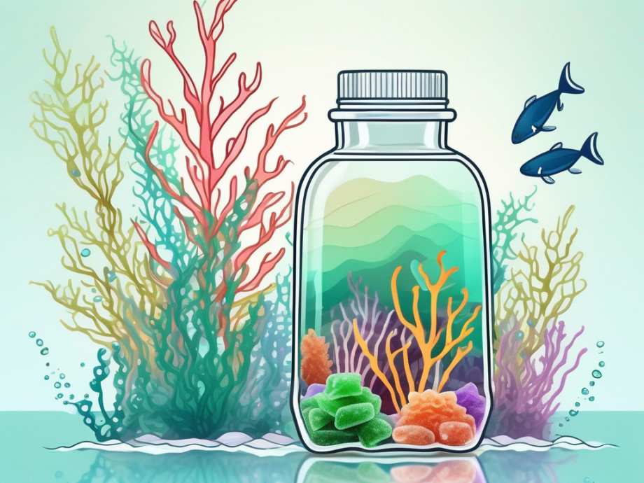 Colorful sea moss gummies in a transparent bottle with a backdrop of an underwater sea scene featuring seaweed and marine life