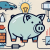 A piggy bank surrounded by common household items such as groceries