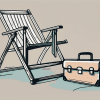 A scale balancing a beach chair (representing relaxation and retirement) on one side and a briefcase (representing work) on the other side