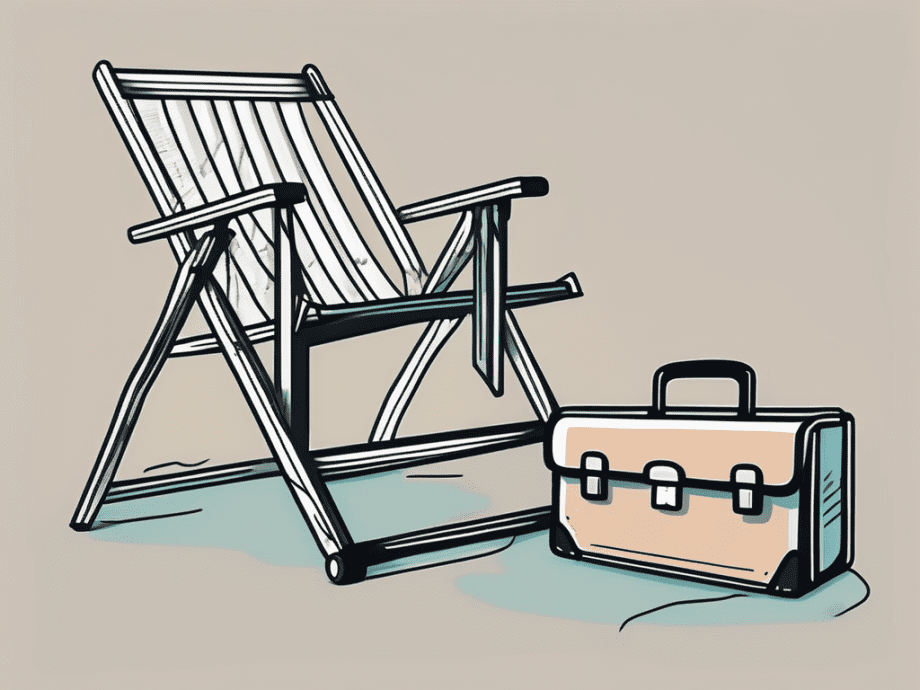 A scale balancing a beach chair (representing relaxation and retirement) on one side and a briefcase (representing work) on the other side