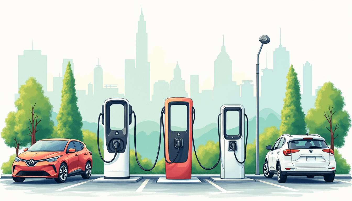 An array of different types of ev charging stations set in a vibrant urban environment