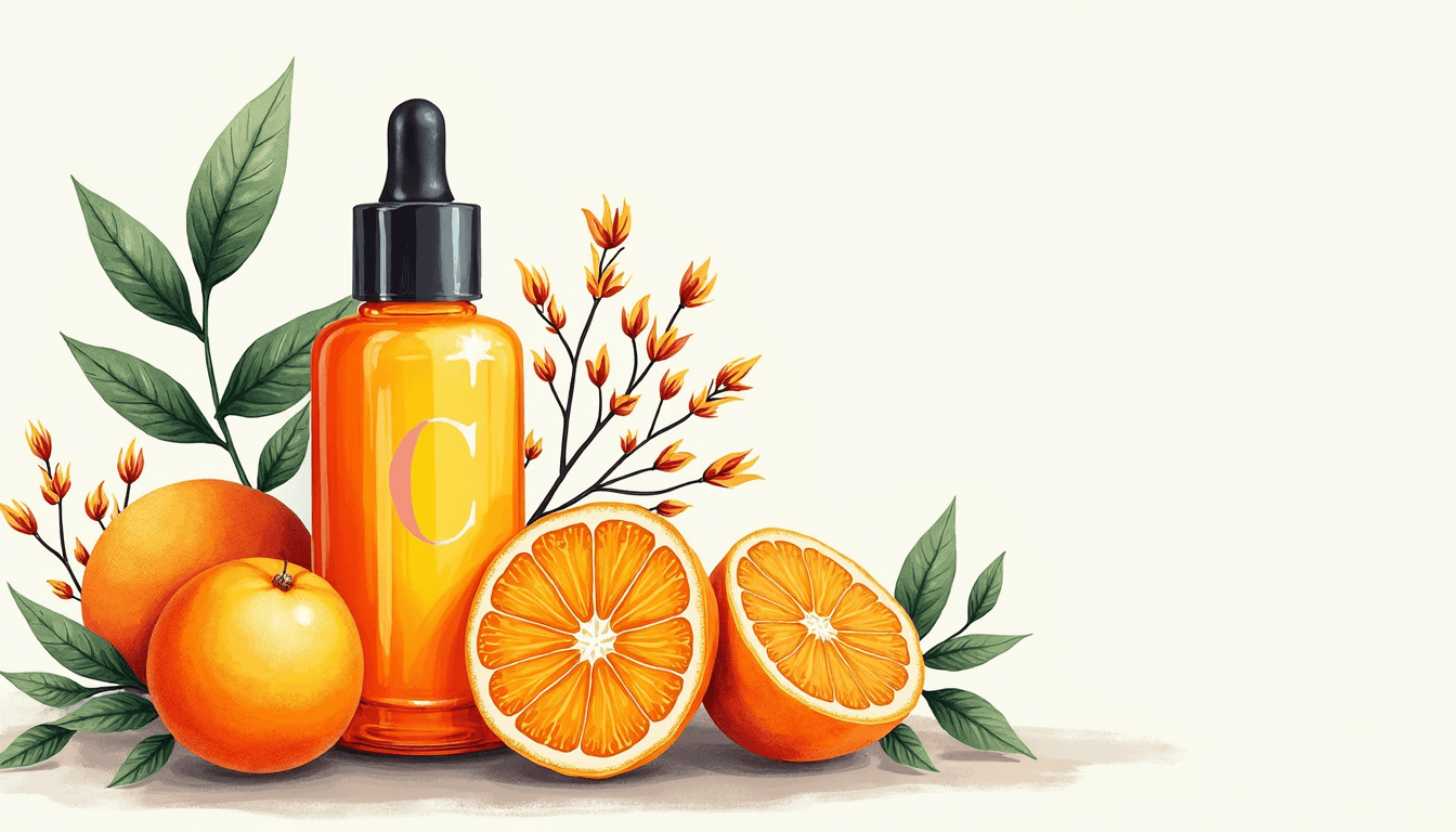 An elegant bottle of vitamin c serum surrounded by vibrant citrus fruits