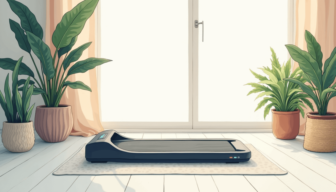 A sleek walking pad placed in a cozy indoor setting