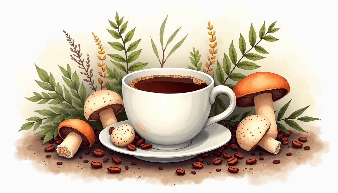 An inviting cup of mushroom coffee surrounded by various types of mushrooms